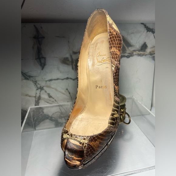 Christian Louboutin Brown Python platchawork banana peep toe platform sz 38 - Picture 10 of 16